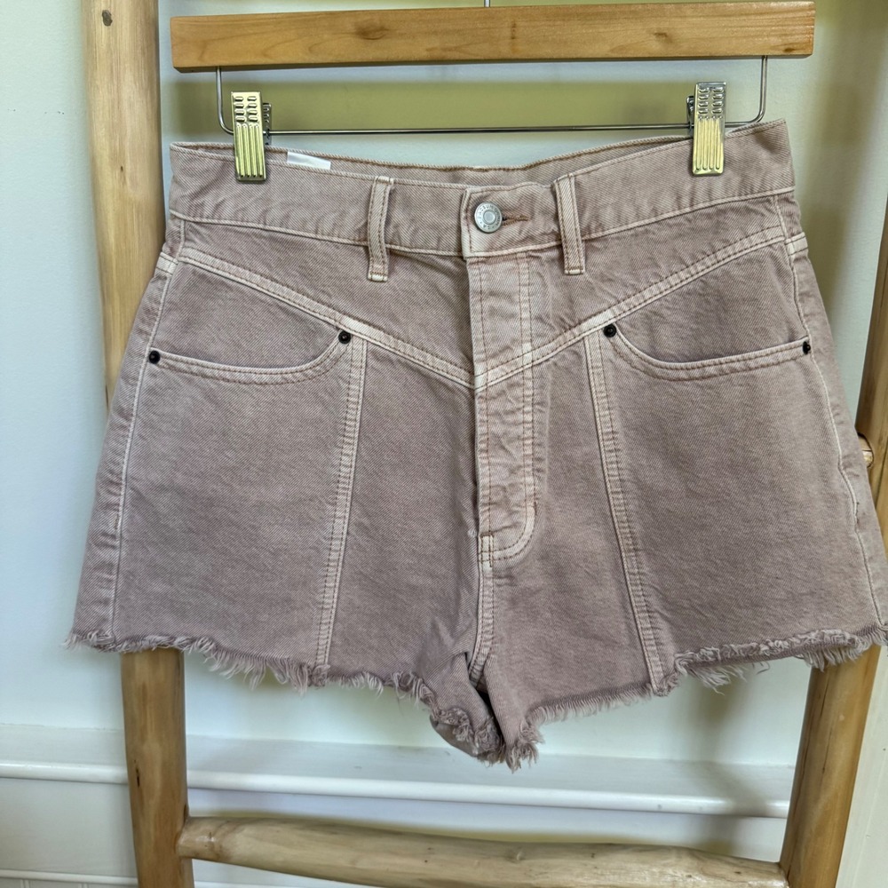 PacSun Ultra High Rise Vintage Denim Shorts Mauve Pink Sz 27 Button Fly Raw Hem